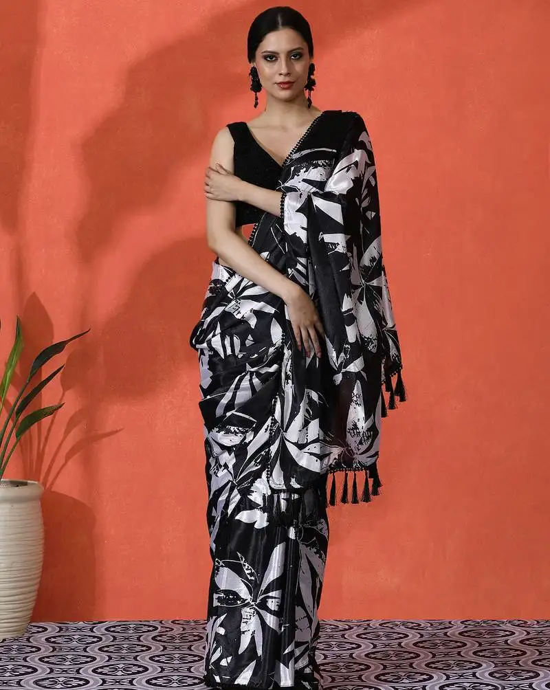 Black color chinon fabric saree with beautiful digital print for ceremonial wear