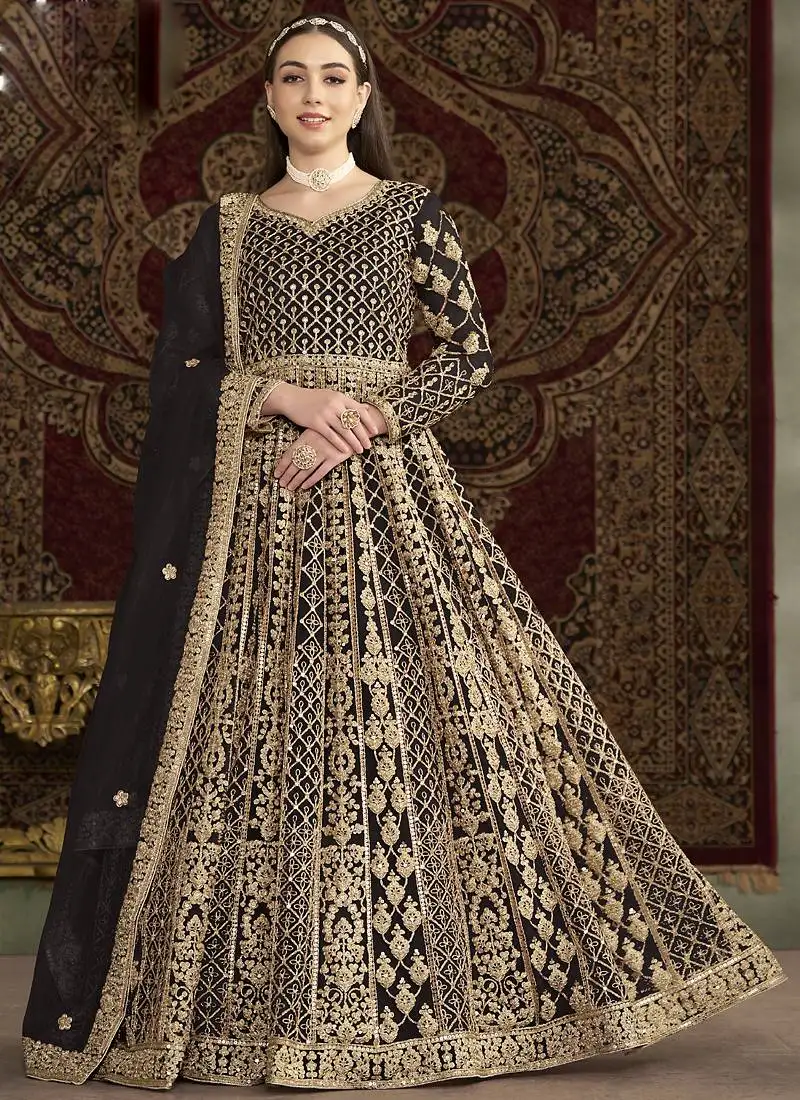 Dark brown net embroidered anarkali suit semi stitched