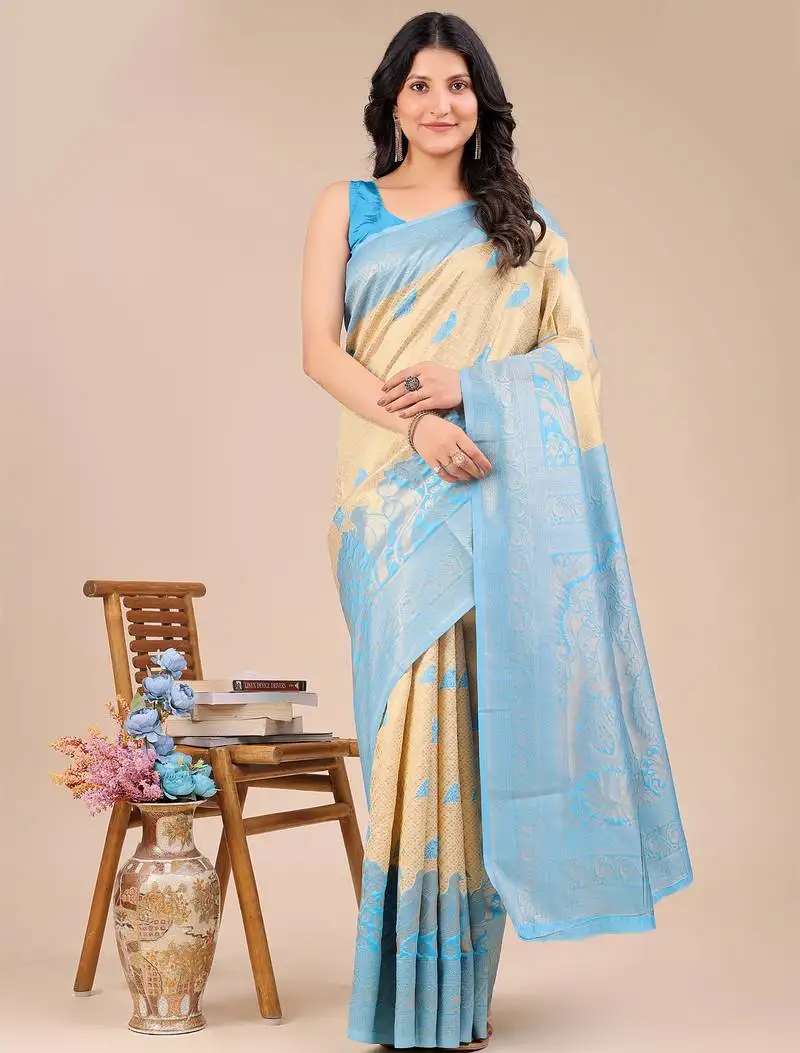 Sky blue color banarasi silk wevon jacquard designer graceful ceremonial saree