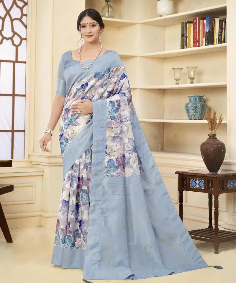 Aqua blue color wevon jacquard designer with printed rich silk fabric stylish ceremonial saree
