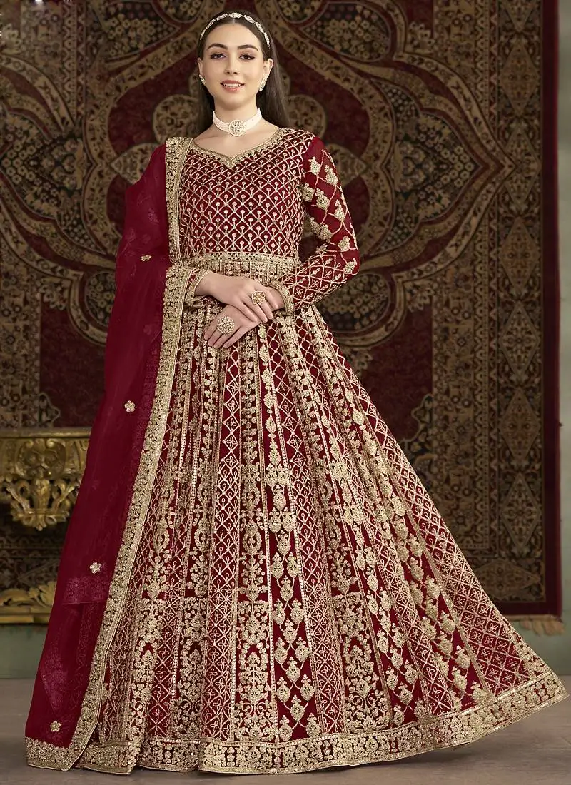Maroon net embroidered anarkali suit semi stitched