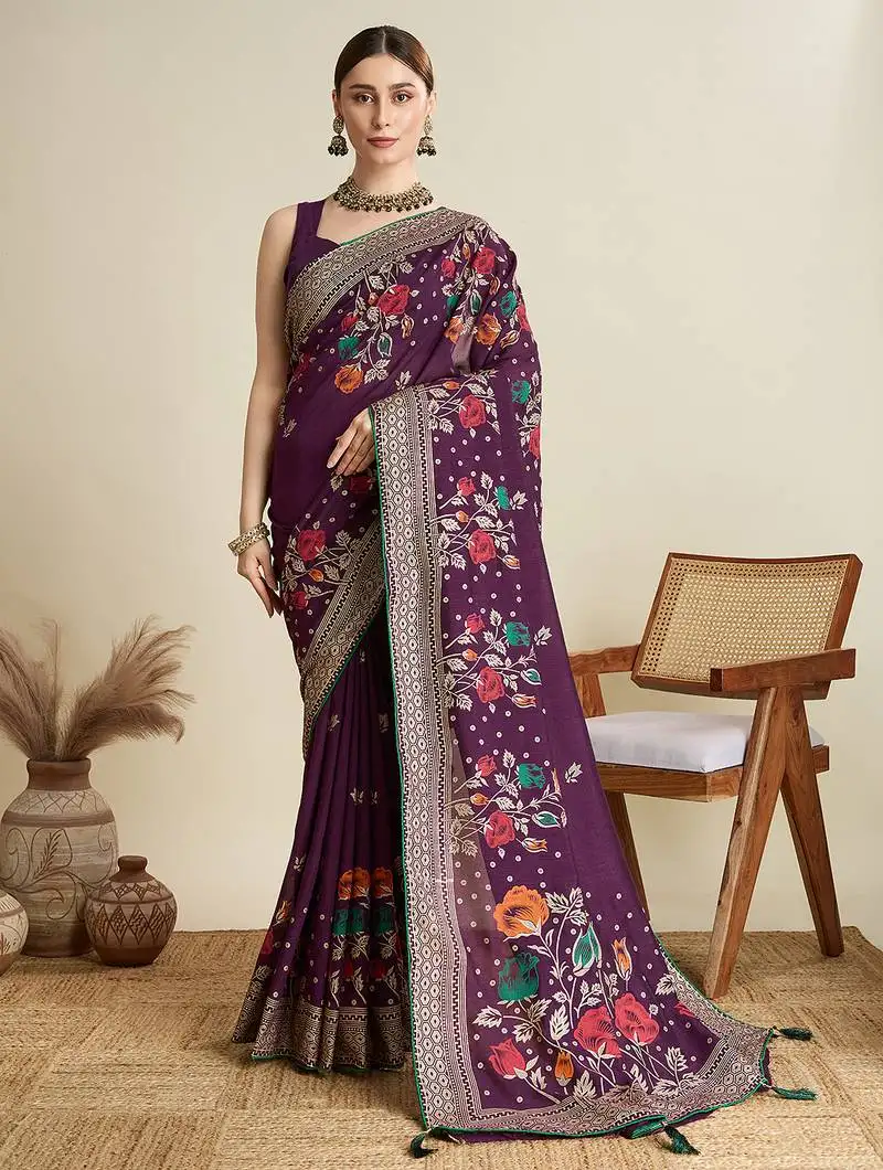 Wine color blended cotton fabric wevon with designer table printed sober fancy saree