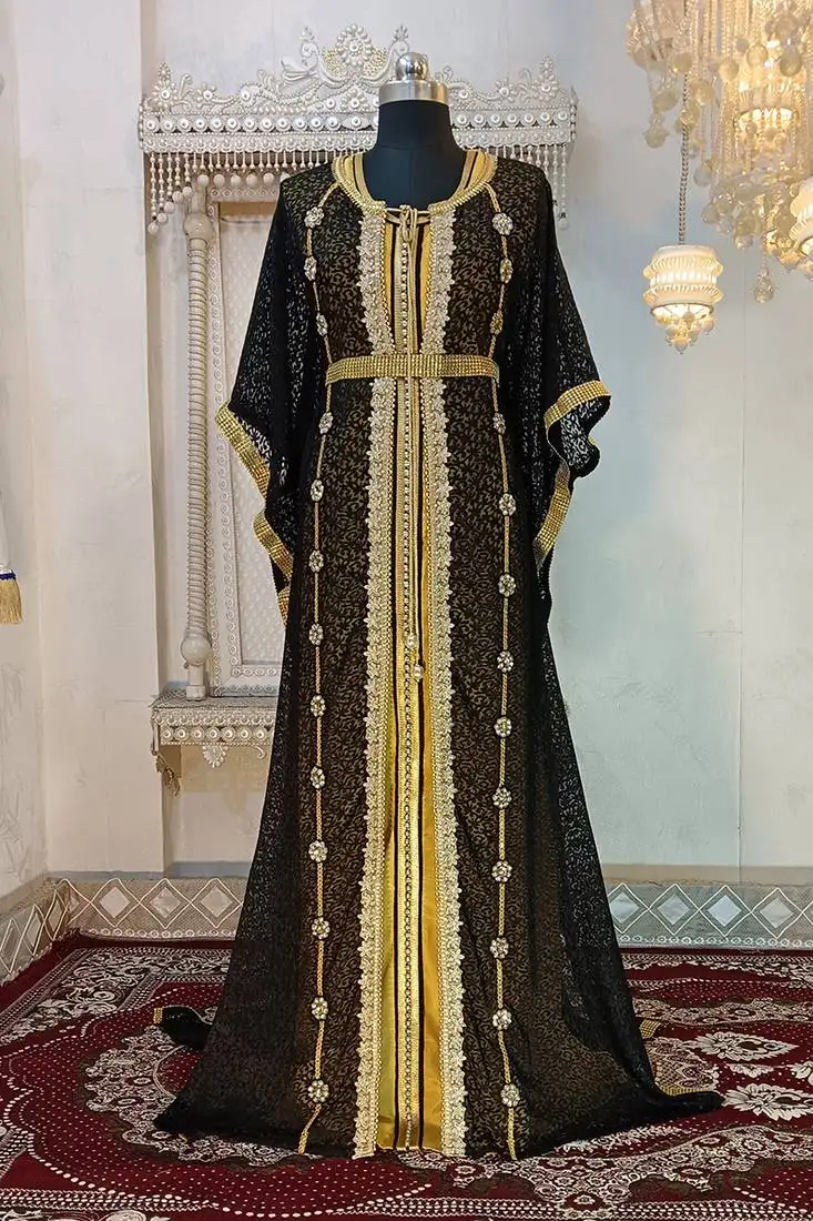 Black and gold islamic wedding designer moroccan kaftan