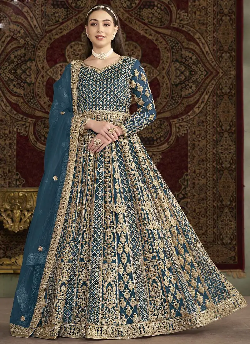Aqua blue net embroidered anarkali suit semi stitched