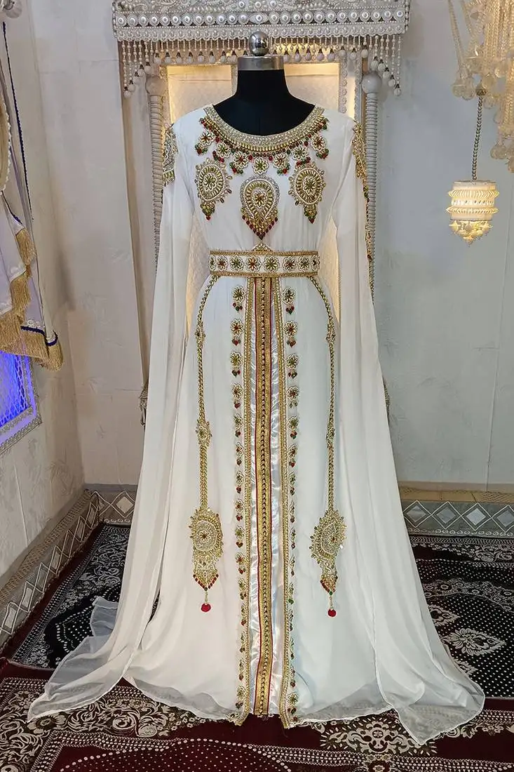 White and gold wedding party wear moroccan kaftan