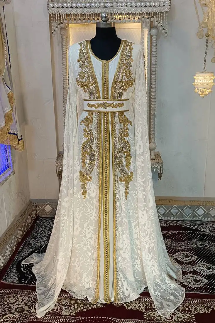 White and gold moroccan hand beaded designer kaftan