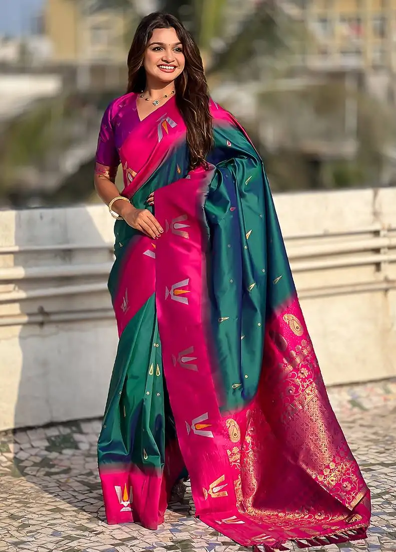 Teal green balaji tilak woven soft silk blend saree