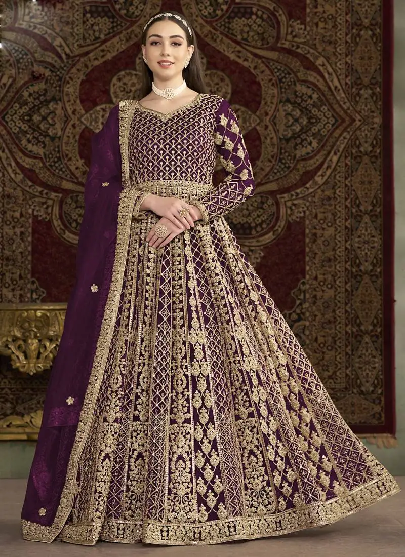 Violet net embroidered anarkali suit semi stitched