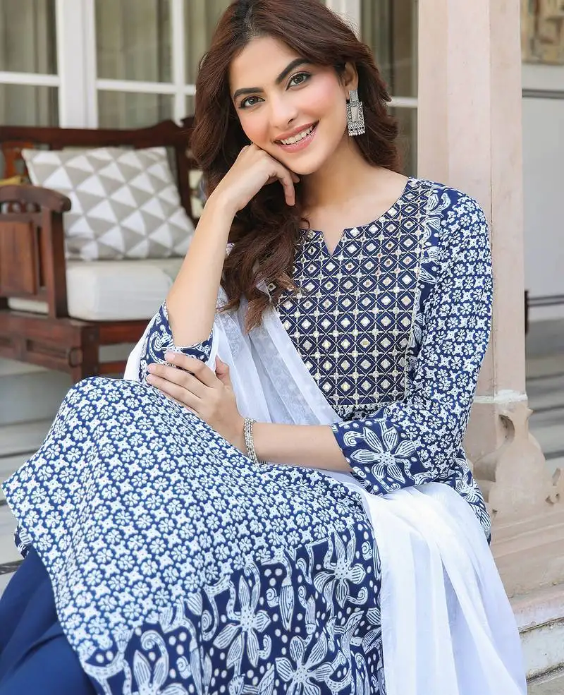 Women's navy blue rayon floral printed with mirror work a-line kurta set