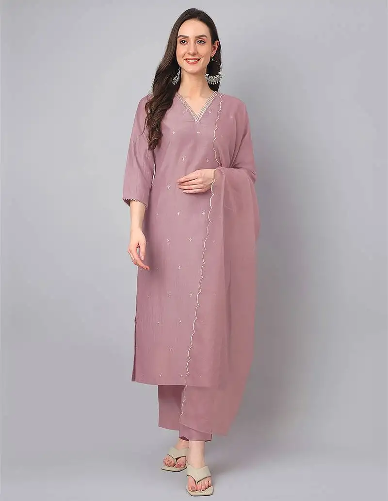 Women's mauve chinnon embroidered regular kurta set
