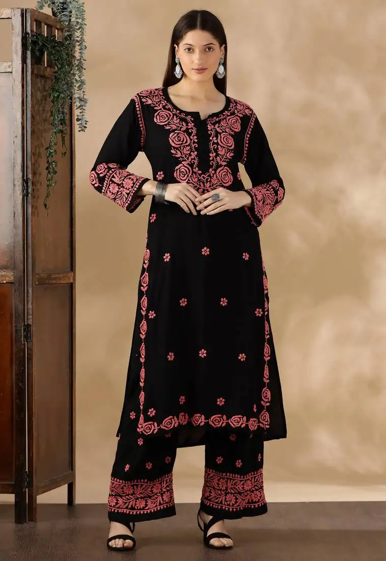Chikankari embroidered straight kurta with palazzos