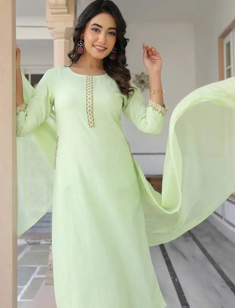 Women's light green cotton embellished straight kurta set