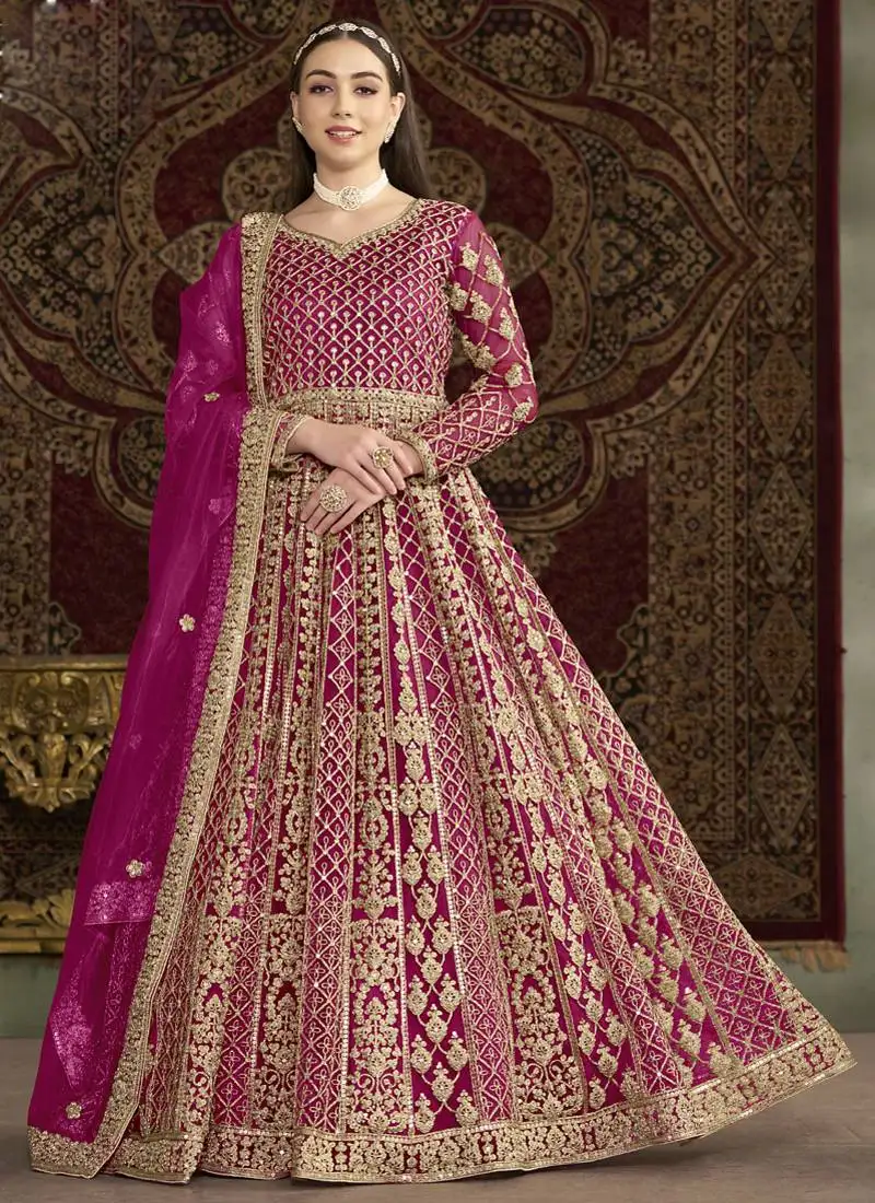 Pink net embroidered anarkali suit semi stitched