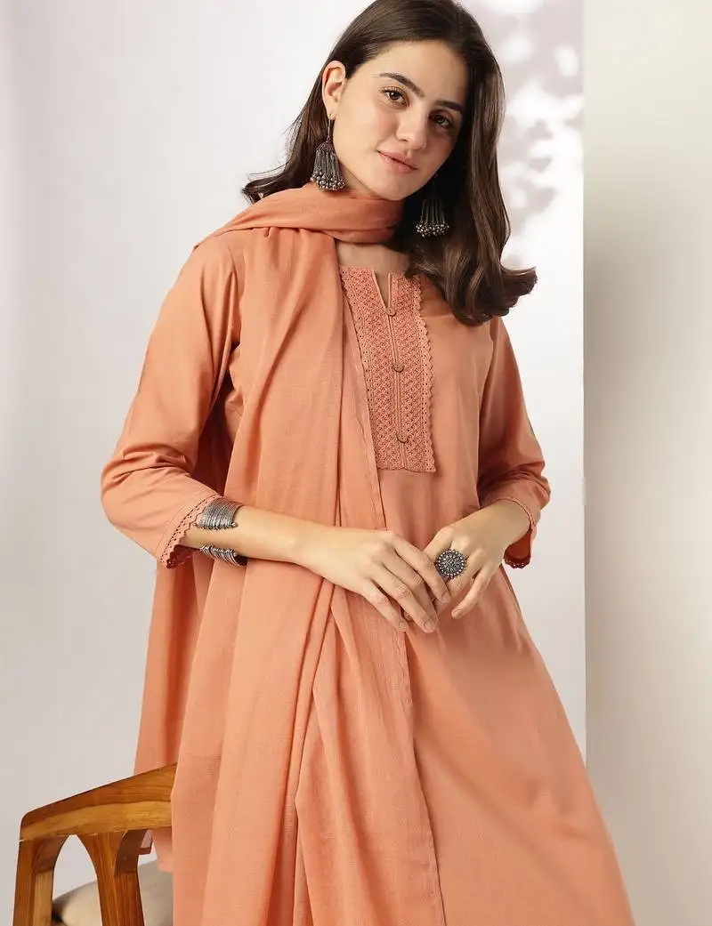 Women's rust pure cotton solid straight kurta set