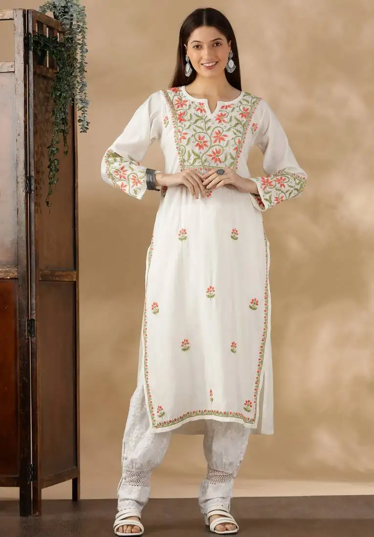 Chickenkari embroidered thread work chanderi cotton straight kurta
