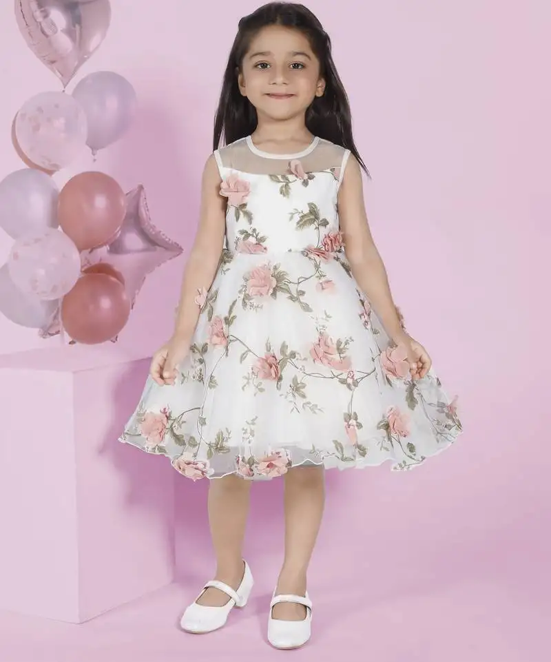 Off-white floral 3d applique prited party frock