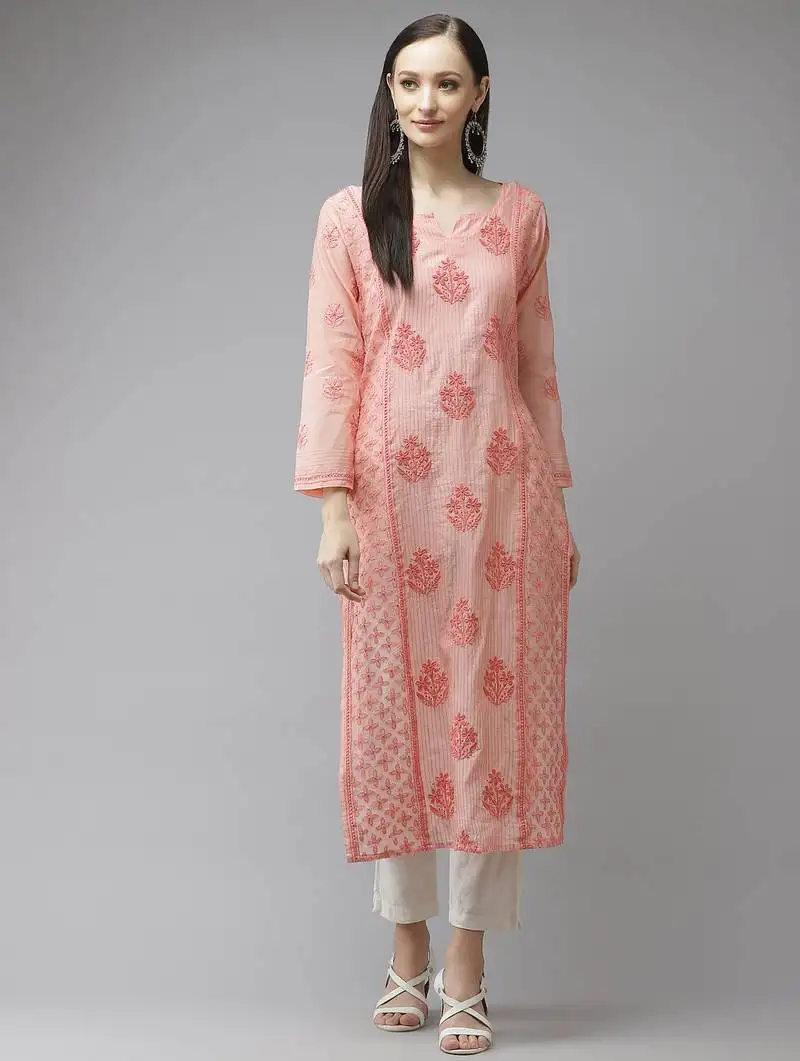 Hand embroidered peach chanderi lucknow chikankari kurta