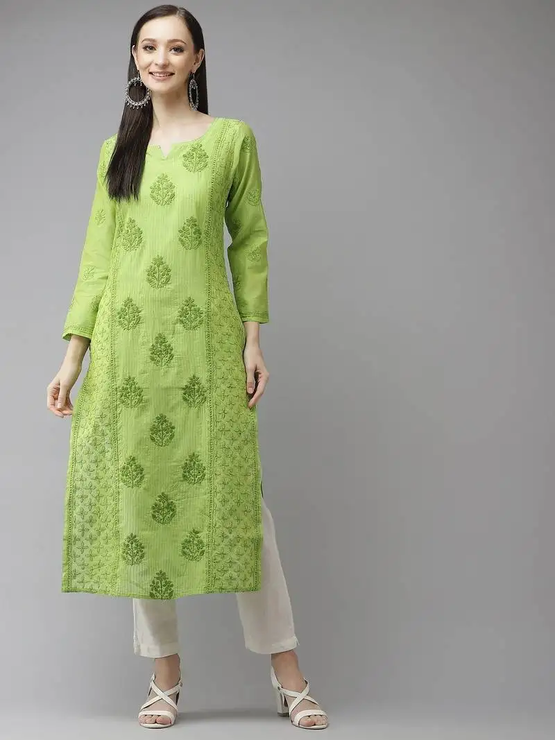 Hand embroidered green chanderi lucknowi chikankari straight kurta