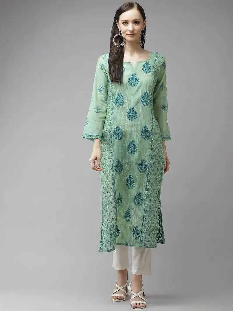 Hand embroidered sea green chanderi lucknow chikankari kurta