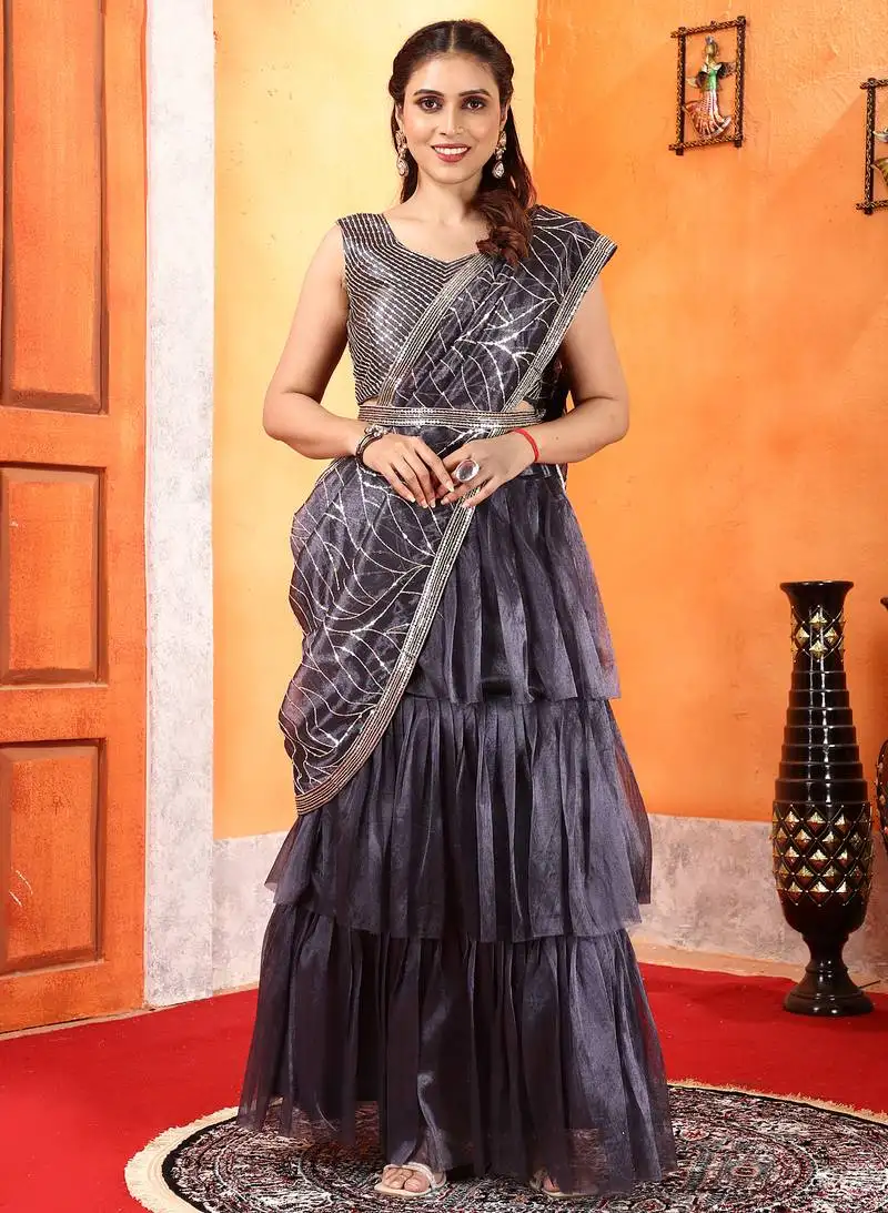 Purple ruffle twill net fully stitched ready to wear saree with stitched sequin blouse and waist belt