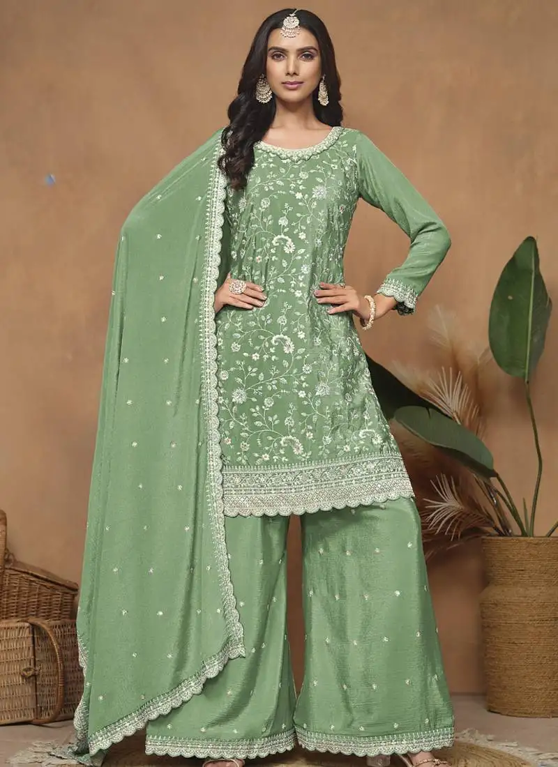 Light green chinon silk embroidered palazzo suit semi stitched