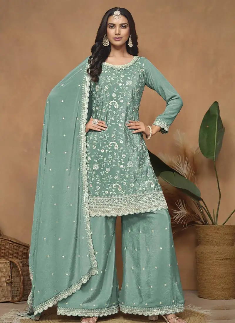 Sea green chinon silk embroidered palazzo suit semi stitched