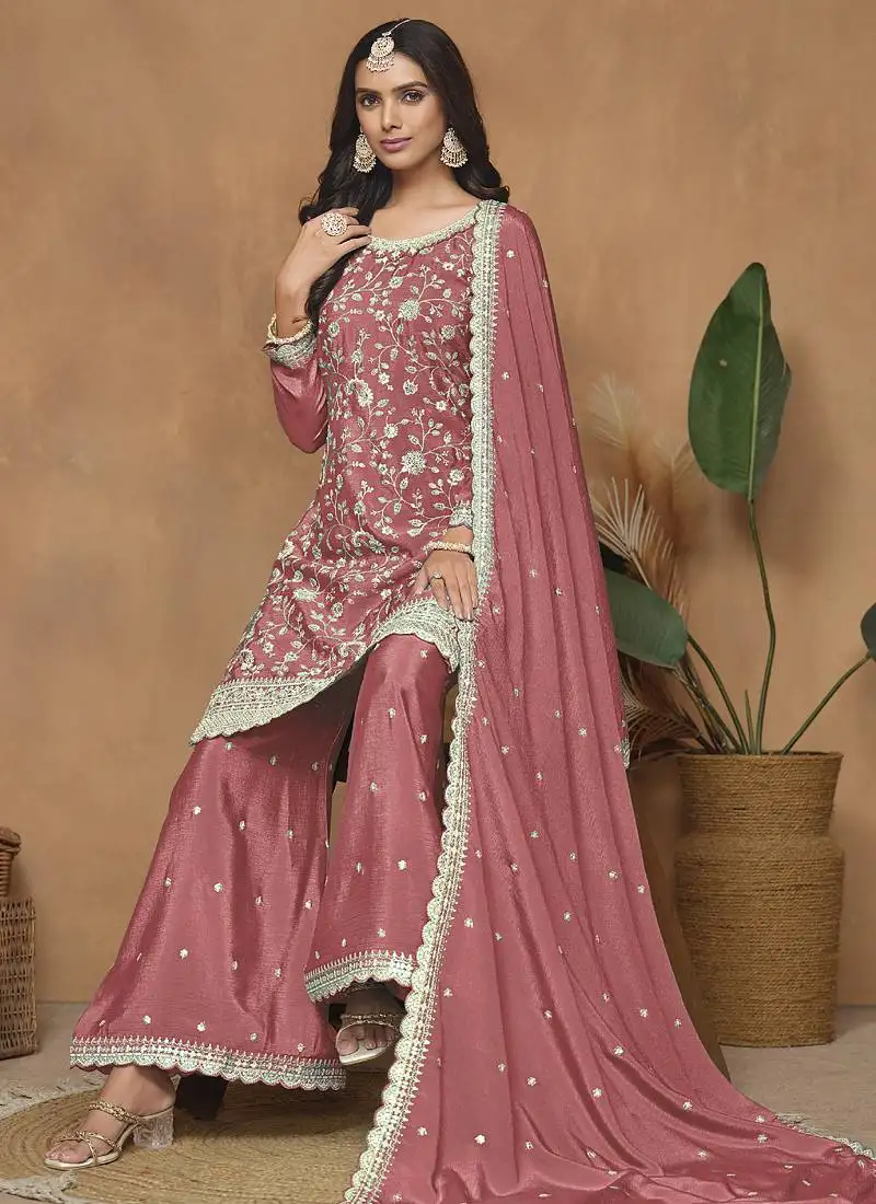 Peach chinon silk embroidered palazzo suit semi stitched