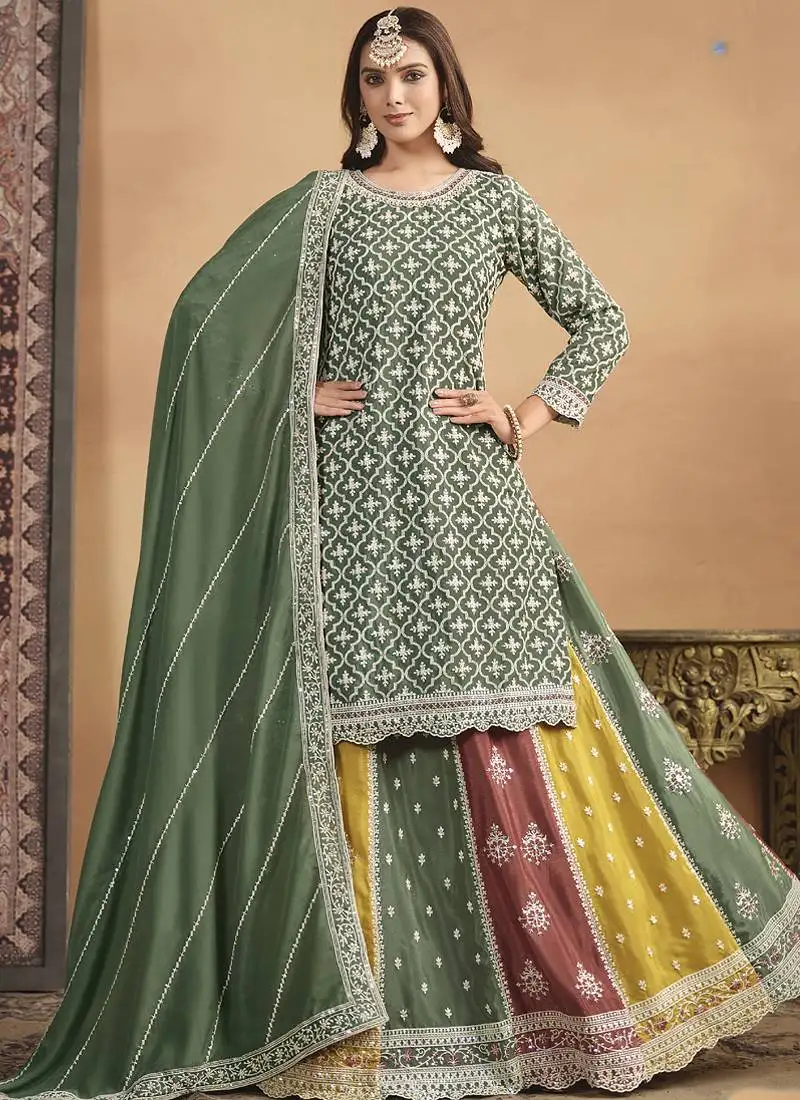 Mahendi green chinon silk embroidered straight suit semi stitched