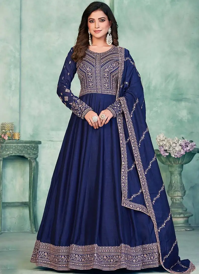 Blue art silk embroidered anarkali suit semi stitched