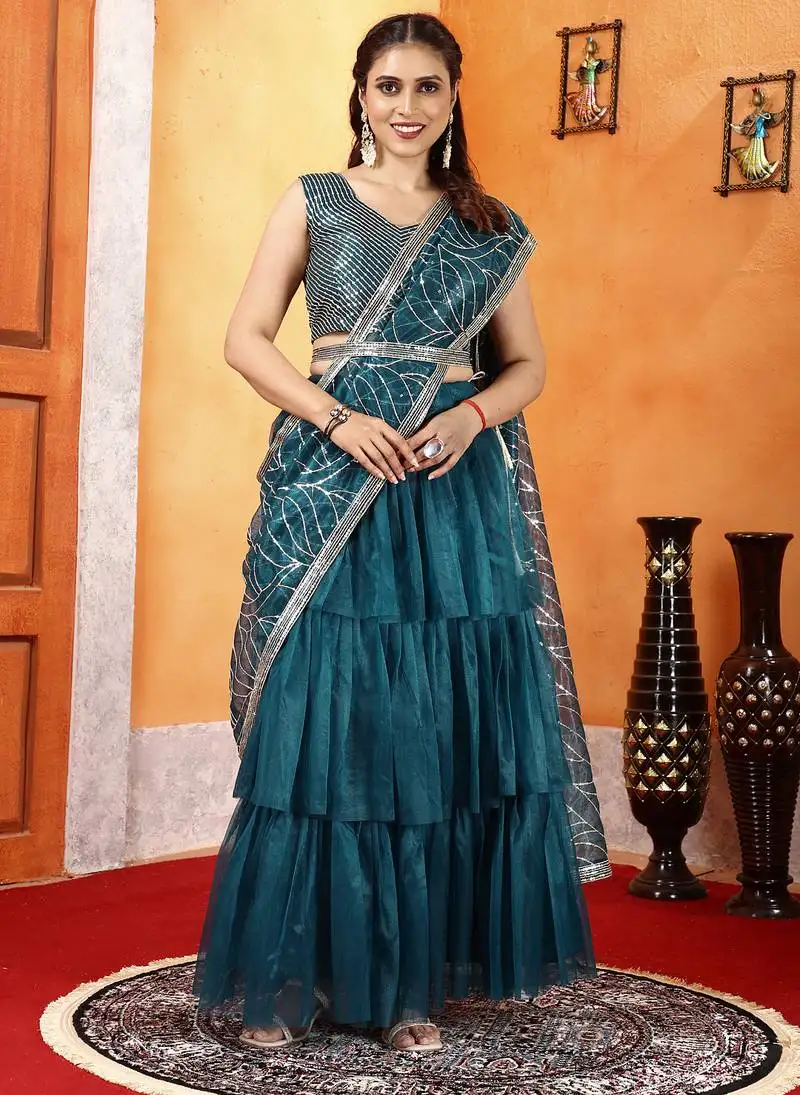 Blue ruffle twill net fully stitched ready to wear saree with stitched sequin blouse and waist belt
