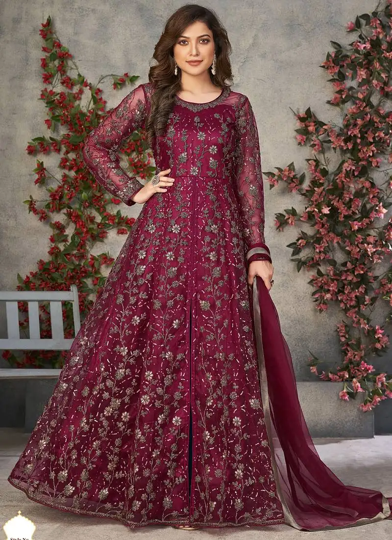 Wine net embroidered anarkali suit semi stitched