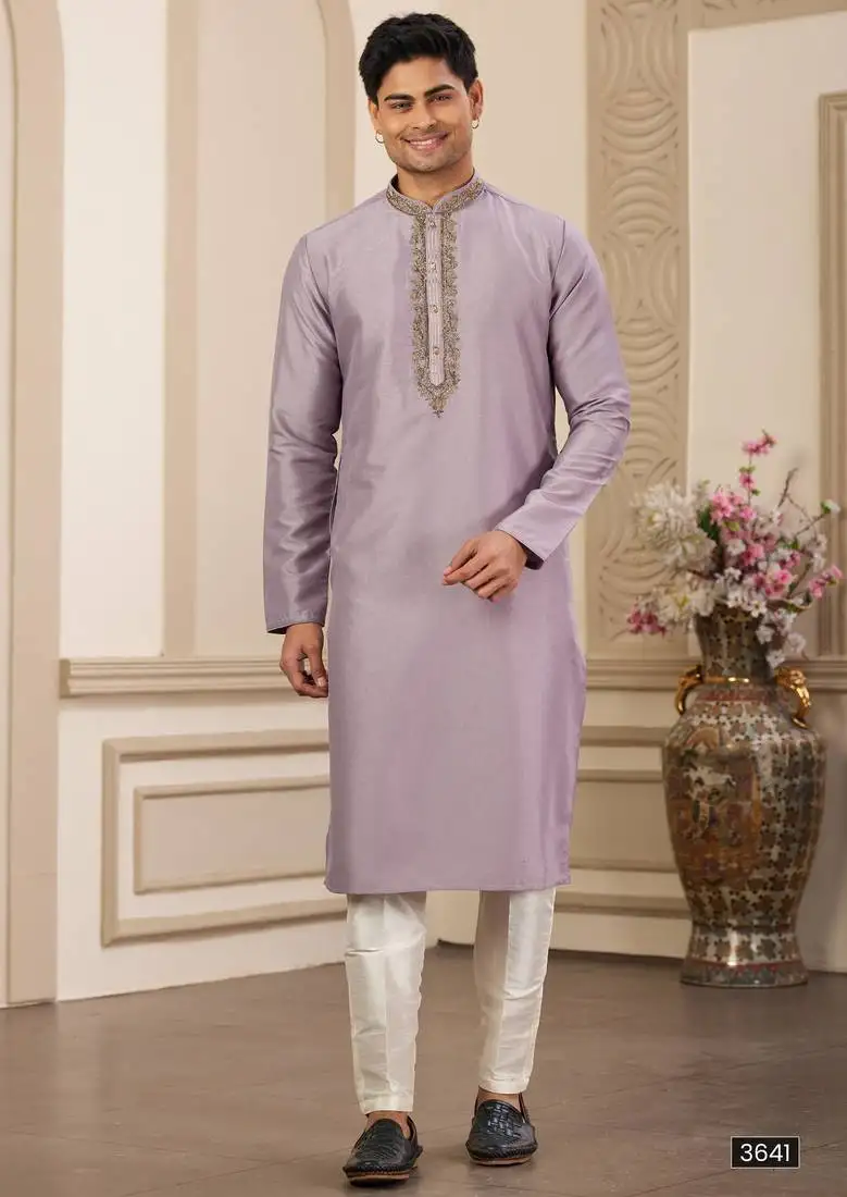 Men's purple straight kurta with plain banarasi art silk and without lining