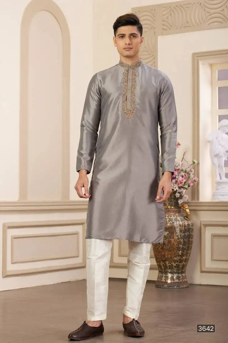Men's grey straight kurta with plain banarasi art silk and without lining