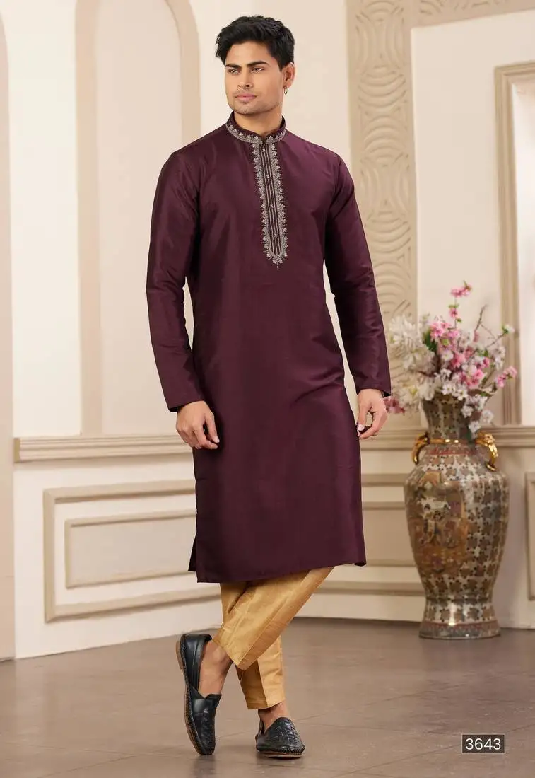 Men's wine straight kurta with plain banarasi art silk and without lining