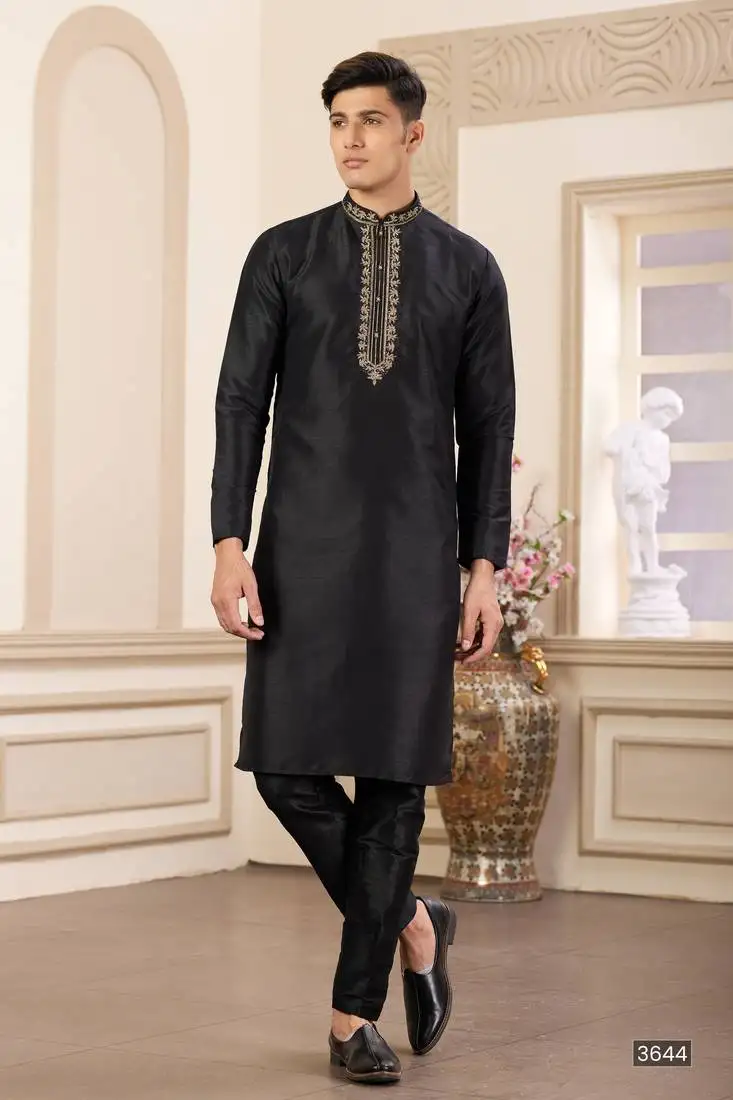 Men's black straight kurta with plain banarasi art silk and without lining