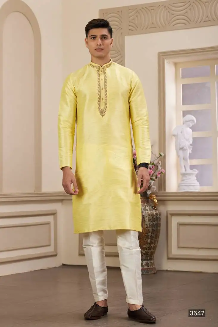 Men's yellow plain banarasi art silk straight kurta with without lining