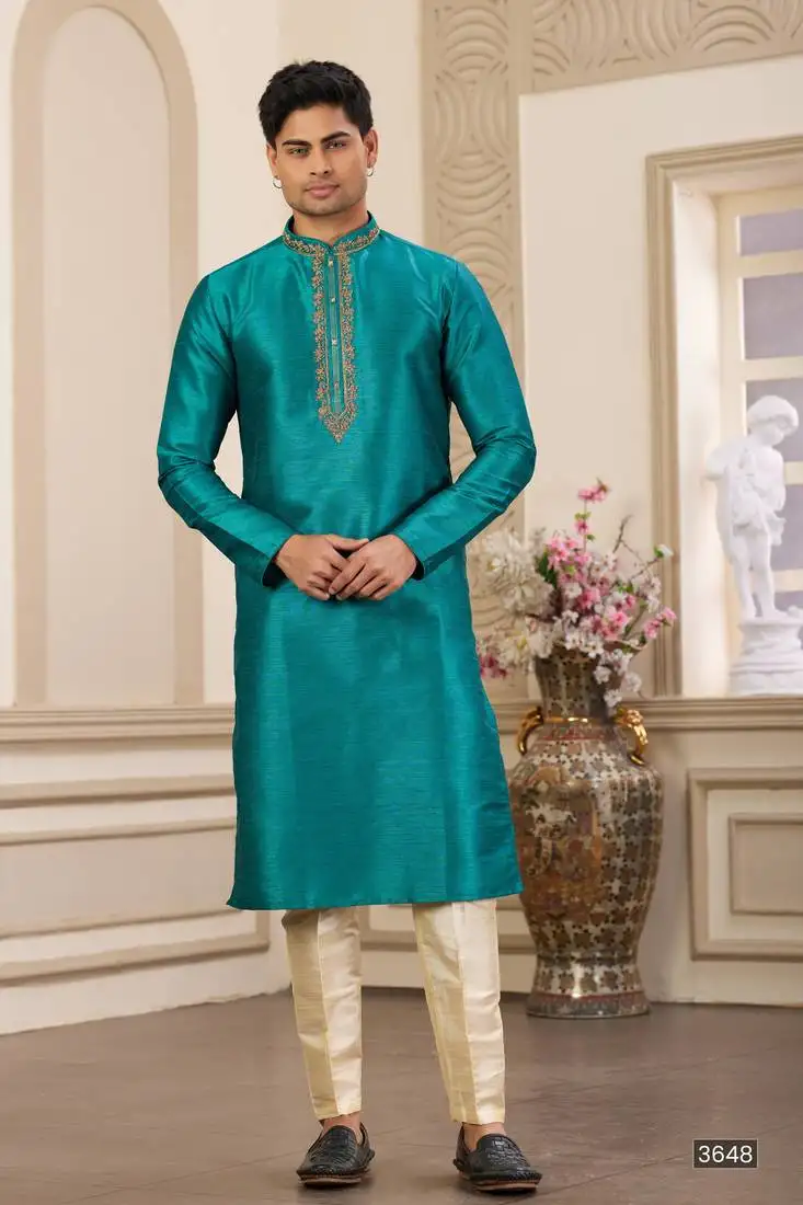 Men's teal green plain banarasi art silk straight kurta with without lining