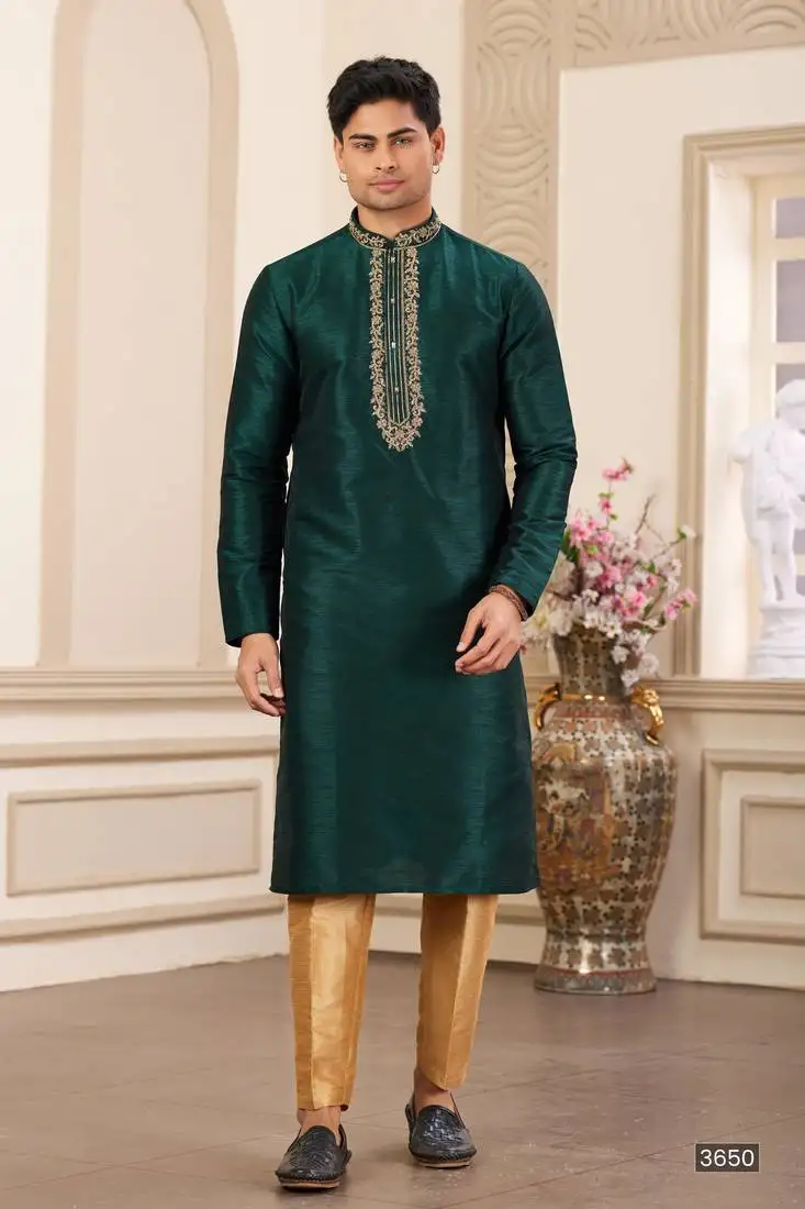 Men's green plain banarasi art silk straight kurta with without lining