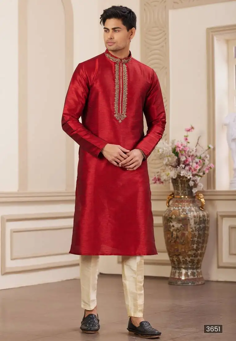 Men's maroon plain banarasi art silk straight kurta with without lining