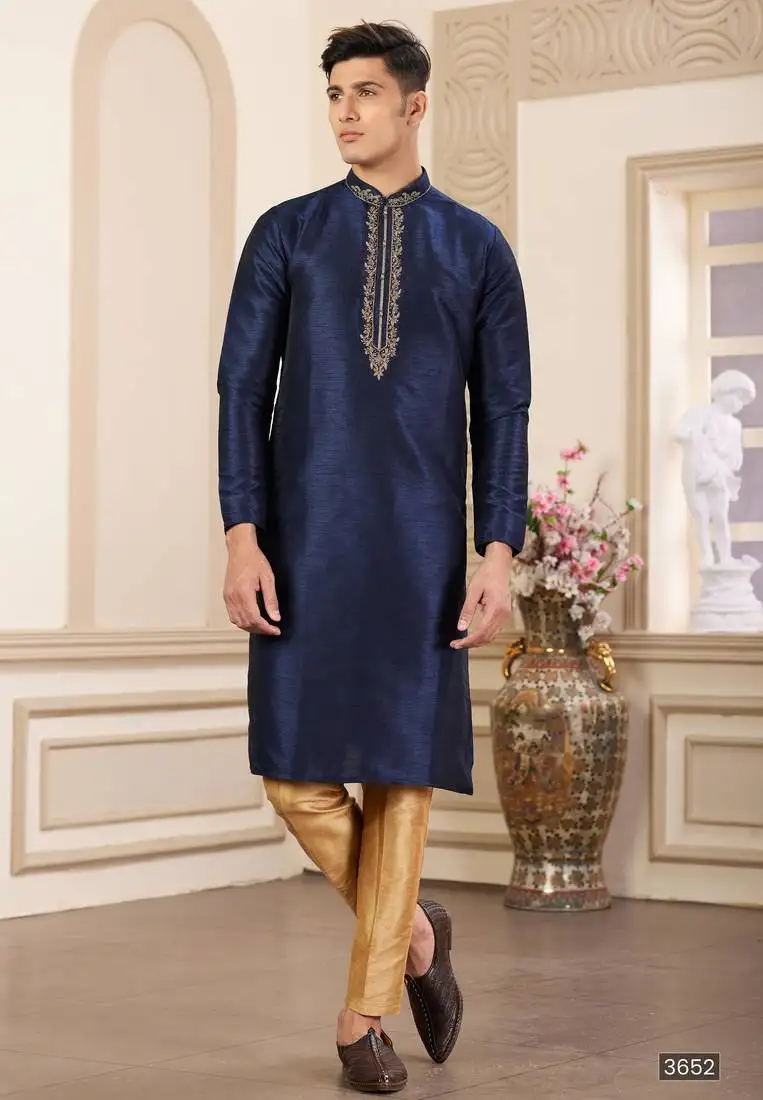Men's blue plain banarasi art silk straight kurta with without lining