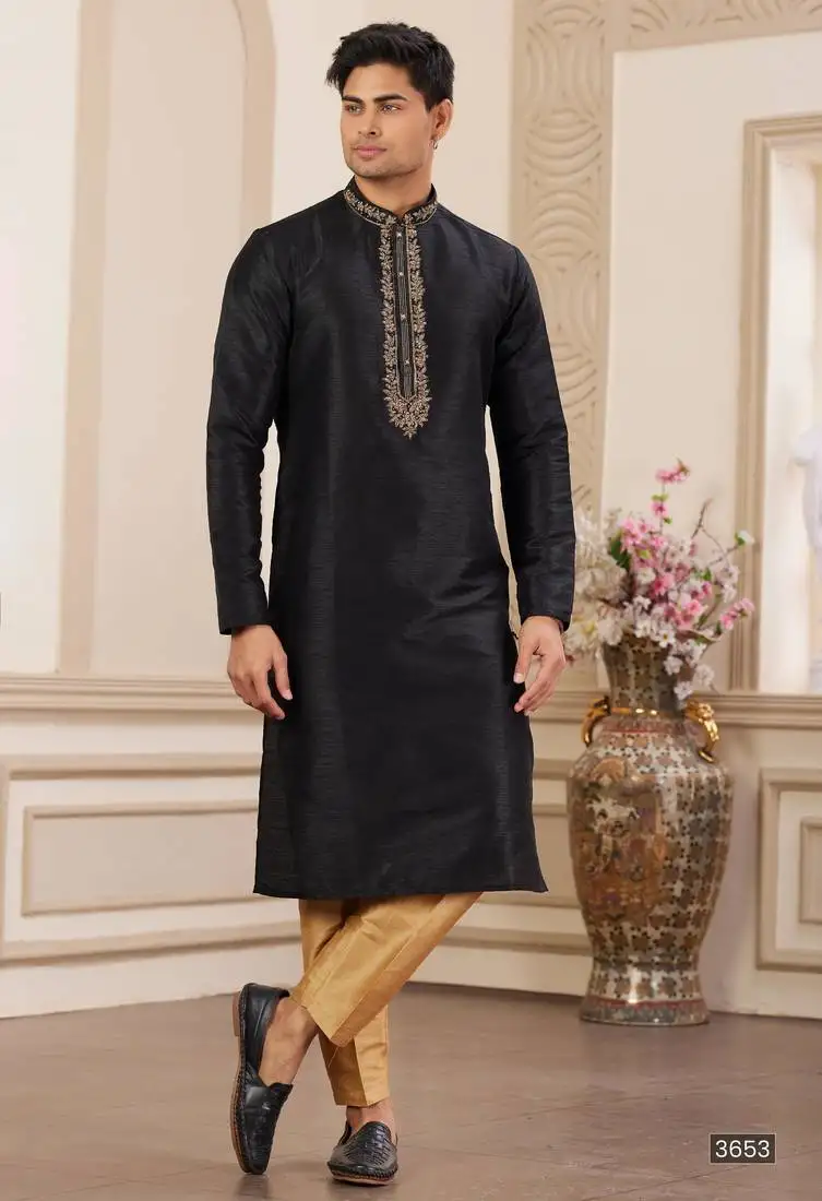 Men's black plain banarasi art silk straight kurta with without lining