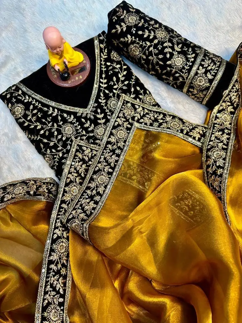 Premium jimmy choo with velvet embroidered lace border saree with blouse