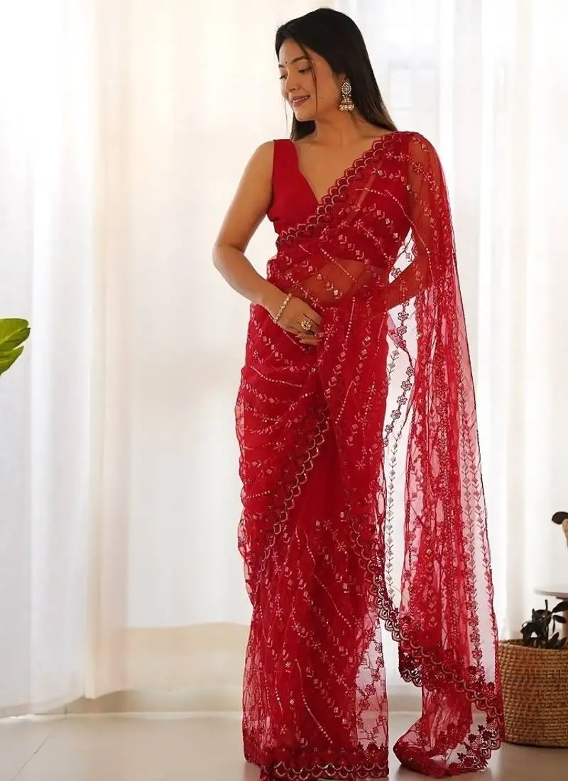 Red butterfly net with embroidered thread work saree with blouse