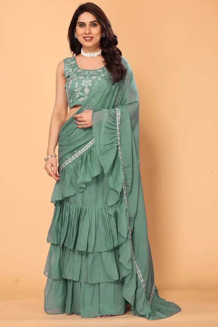 Green ruffle georgette ready to wear fully stitched saree with embroidered stitched blouse