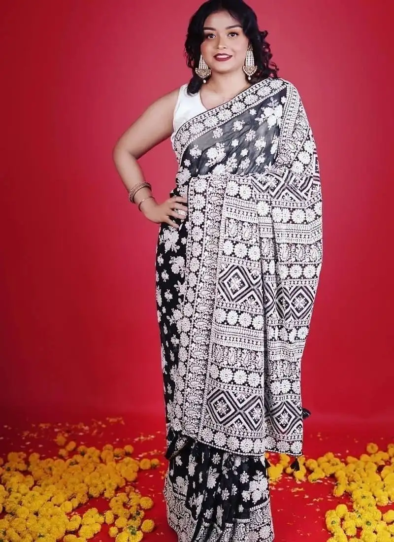 Black faux georgette with embroidered thread work saree with blouse