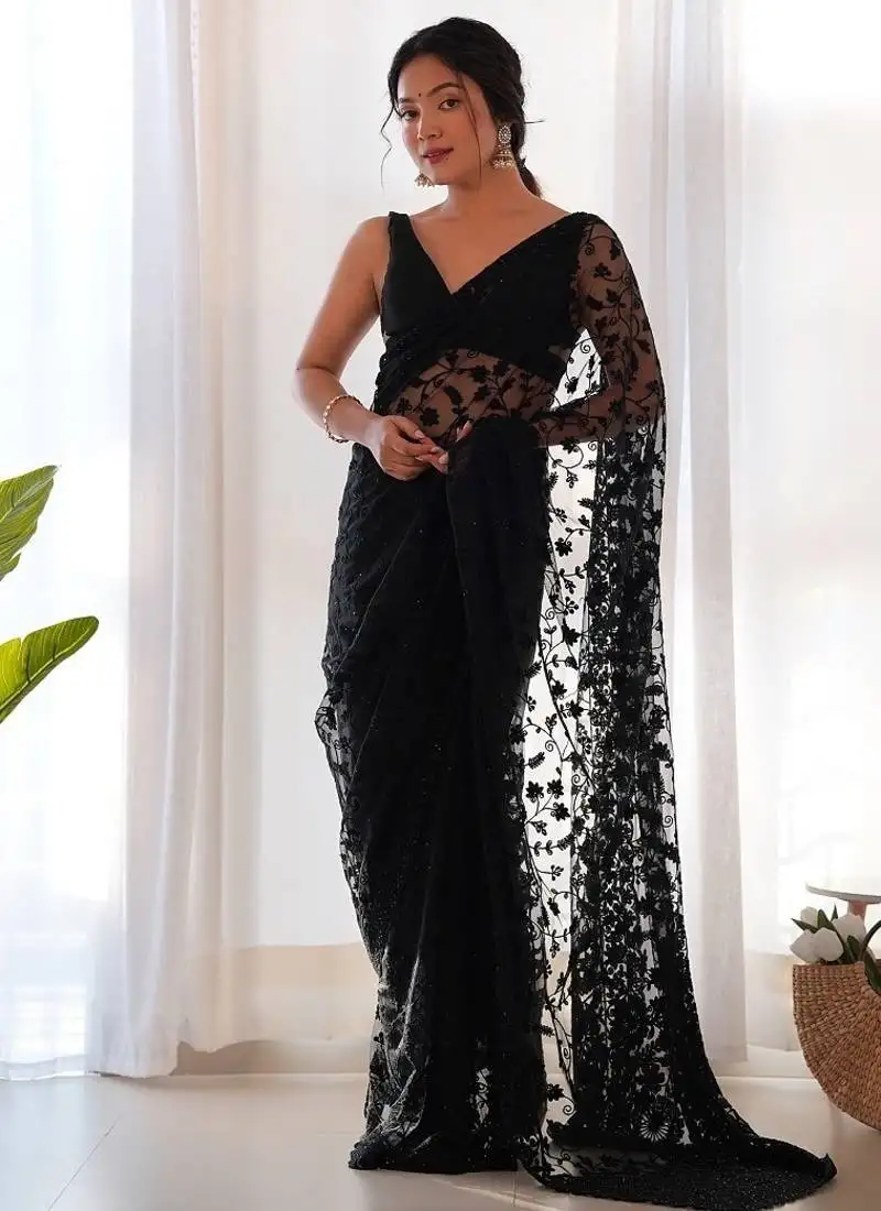 Black butterfly net with embroidered thread work saree with blouse