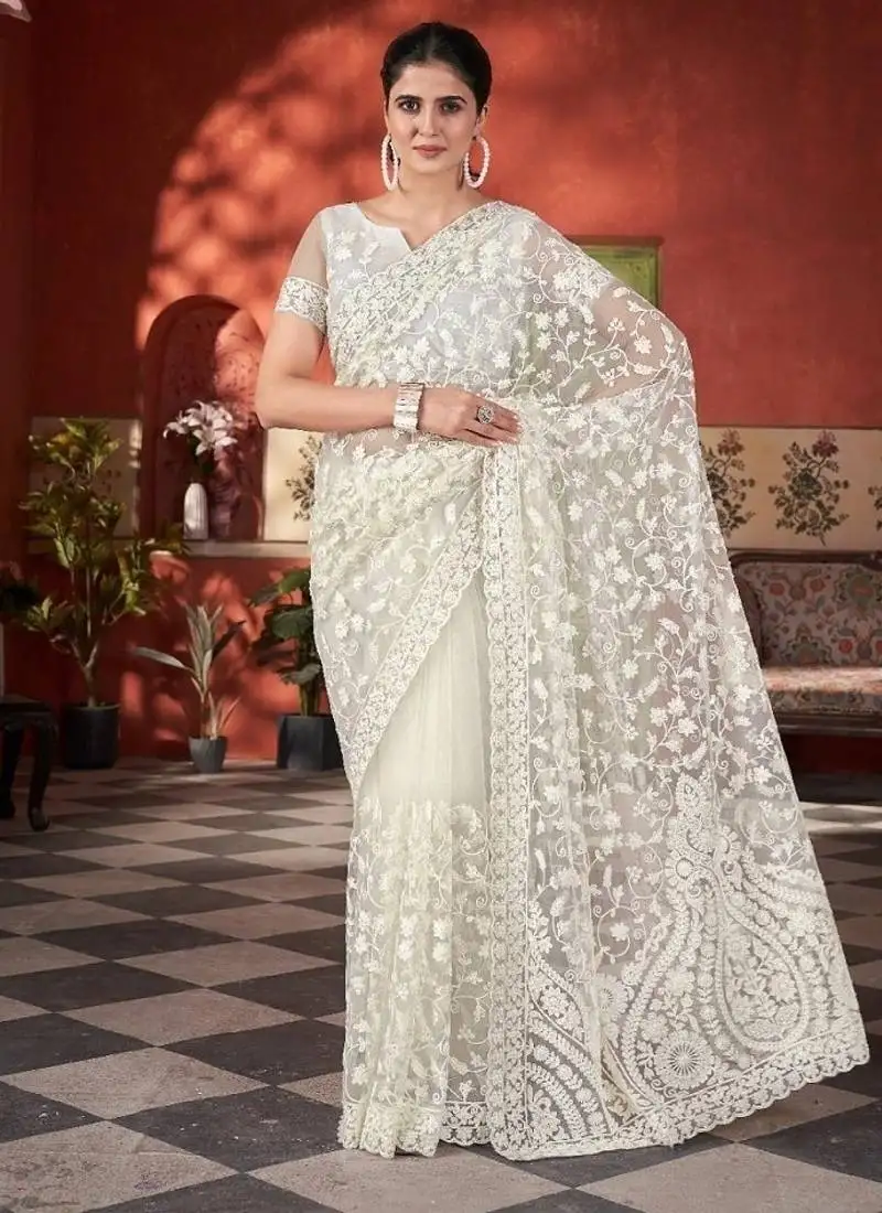White butterfly net with embroidered thread work saree with blouse