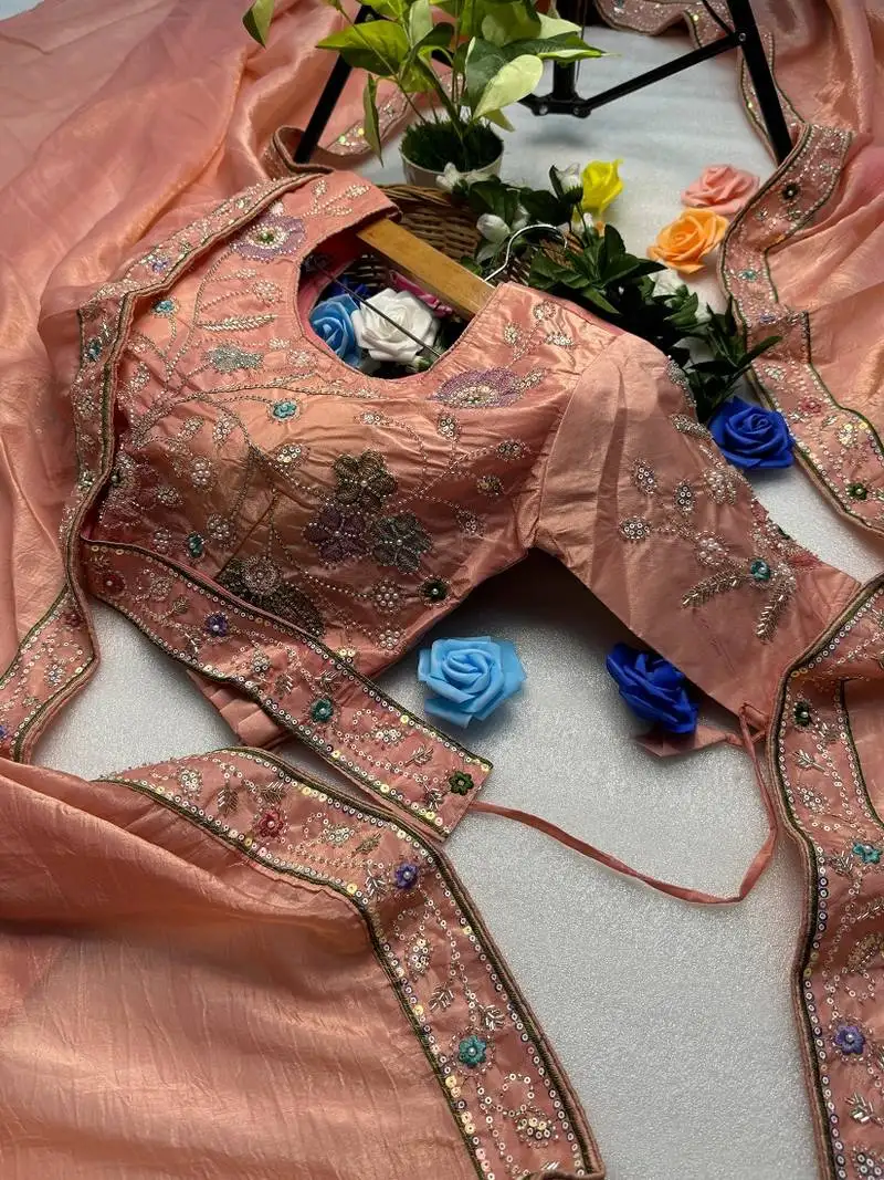 Peach gold crunchy with thread and hand work saree with blouse