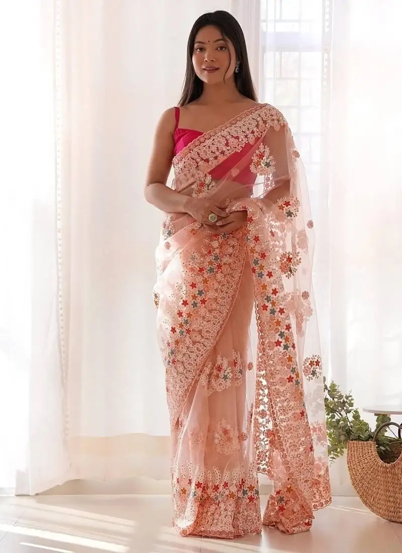 Peach butterfly net with chain stitch embroidered work saree with blouse