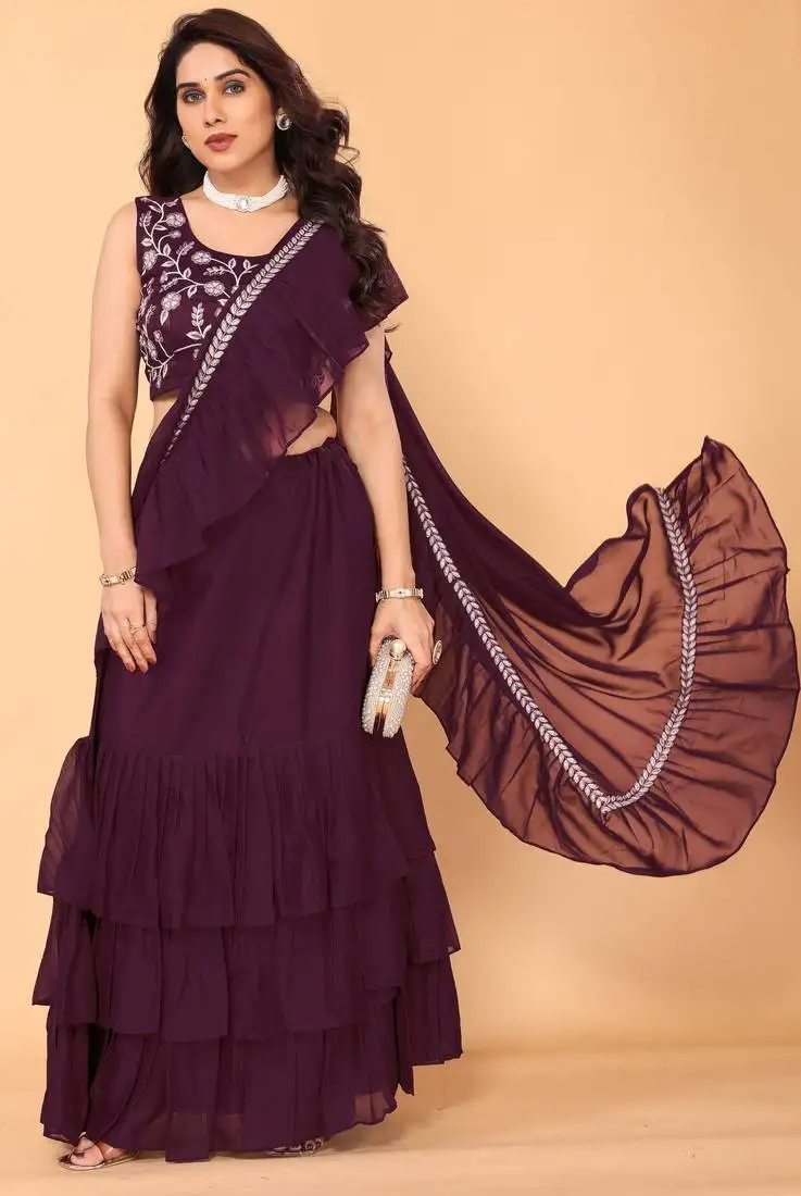 Wine ruffle georgette ready to wear fully stitched saree with embroidered stitched blouse